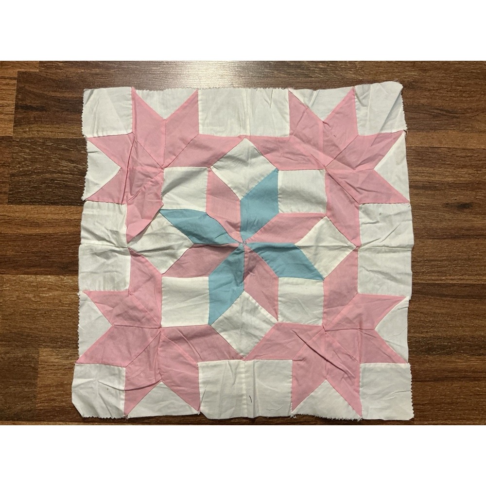 Vtg Handstitched Pink And Blue Single Quilt Block 17.5in X 17.5in
